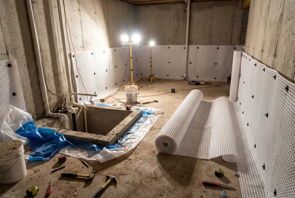 Basement waterproofing with drainage membrane installation in Maryland