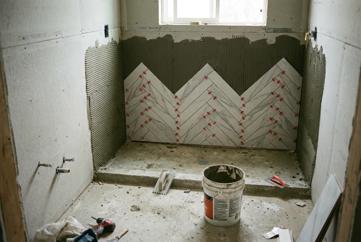 Bathroom tile installation in herringbone pattern in progress