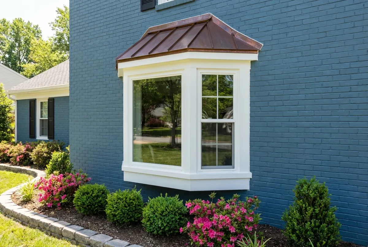Bay window with copper roof cap on painted brick home in Maryland