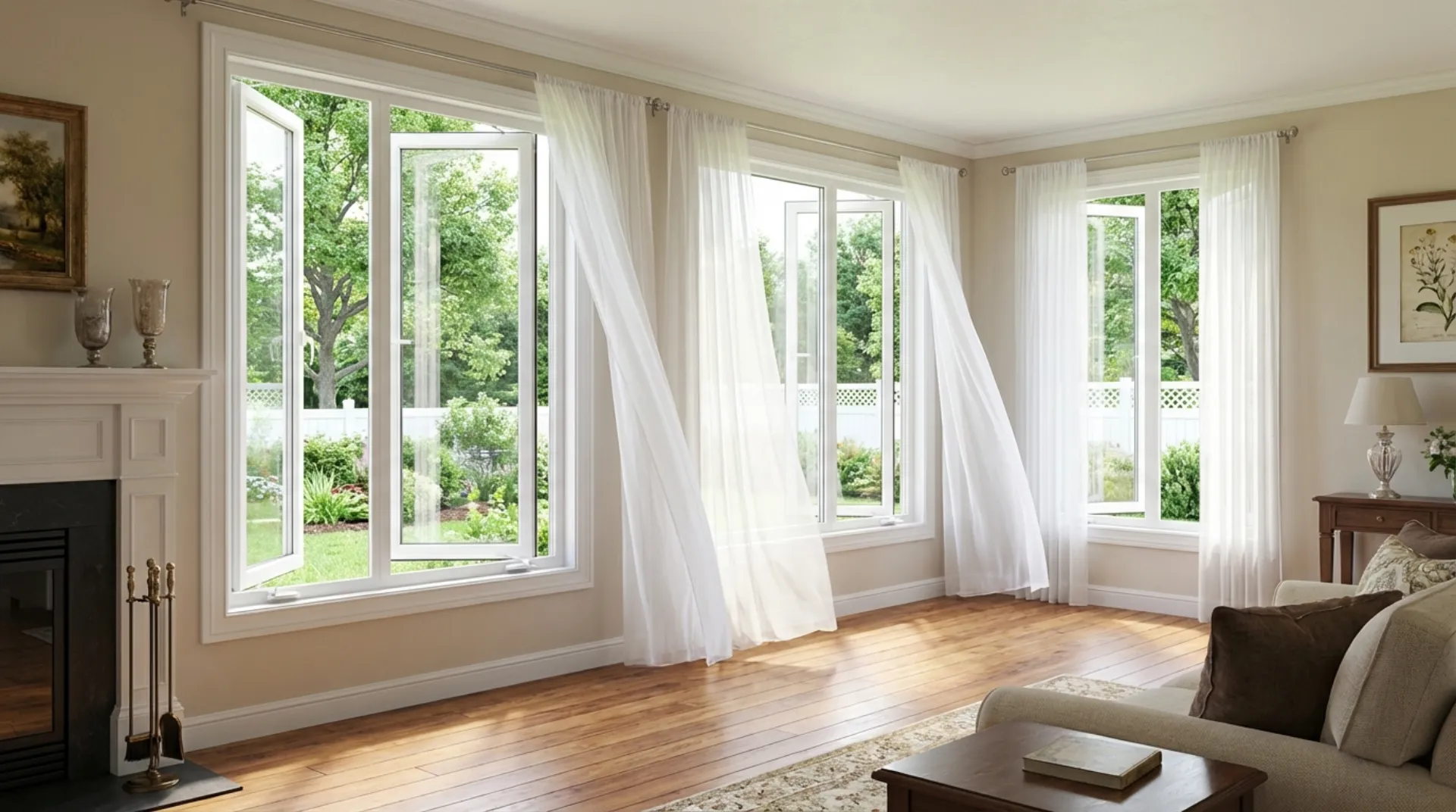 Casement windows with natural light and curtains in Maryland home interior