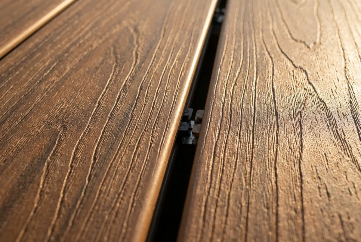 Composite deck board close-up showing wood grain texture and hidden fastener system