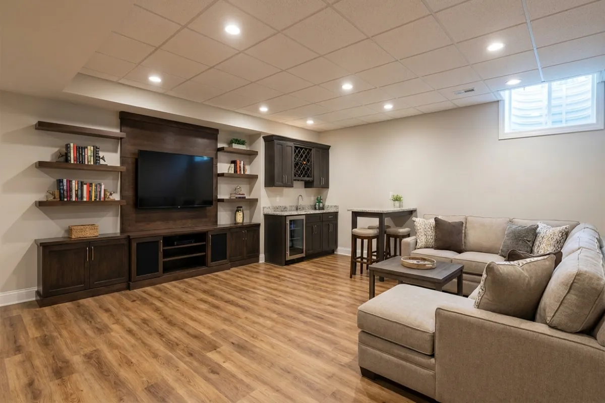 Finished basement recreation room with wet bar in Maryland