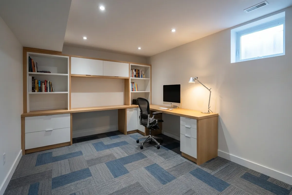 Finished basement home office with built-in shelving in Maryland