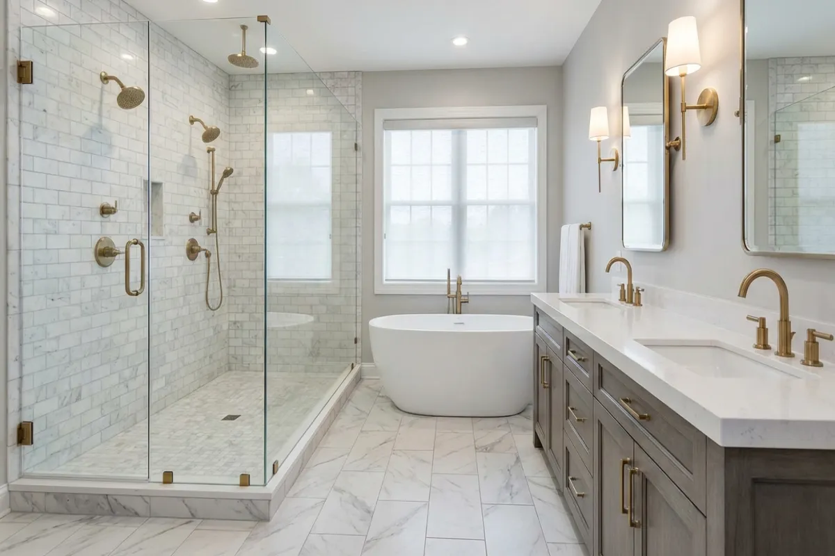 Master bathroom remodel with walk-in shower and freestanding tub
