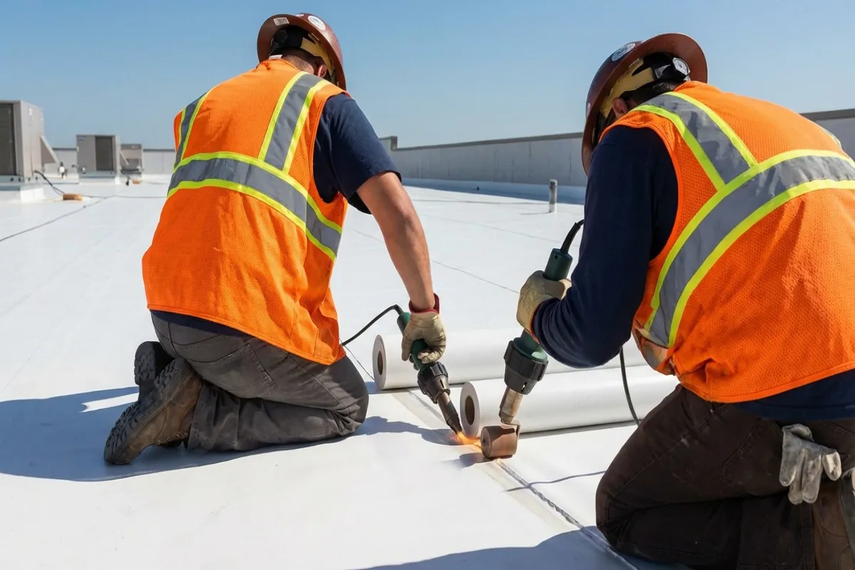 TPO membrane seam welding on commercial flat roof in Maryland