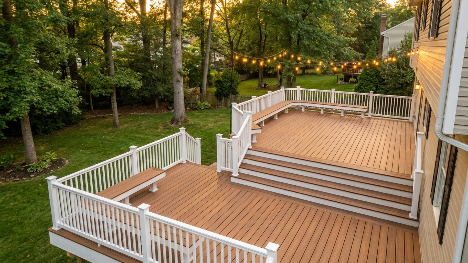 Composite deck with vinyl railing on Maryland colonial home at golden hour