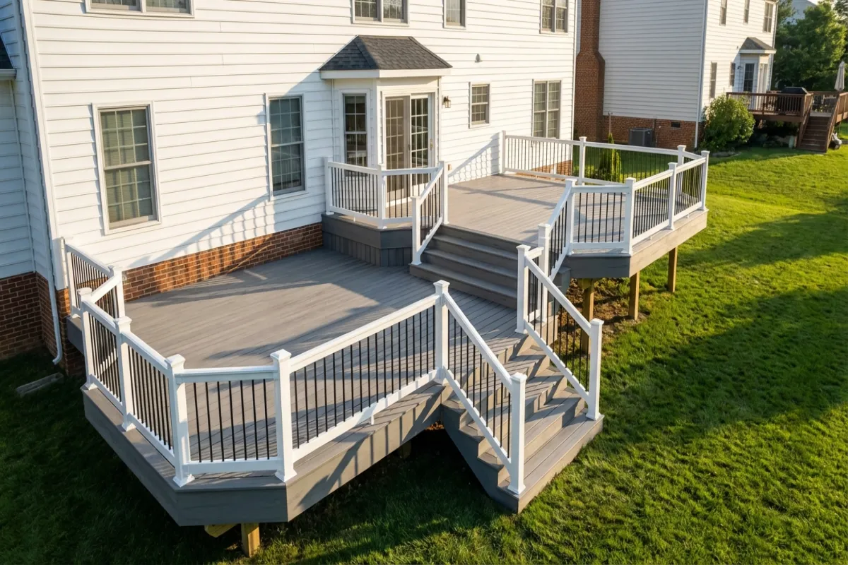 Composite deck with vinyl railing in Maryland backyard