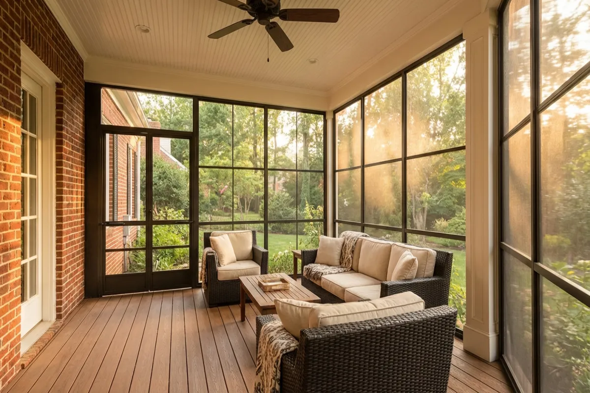 Screened-in porch with composite decking floor on Maryland home