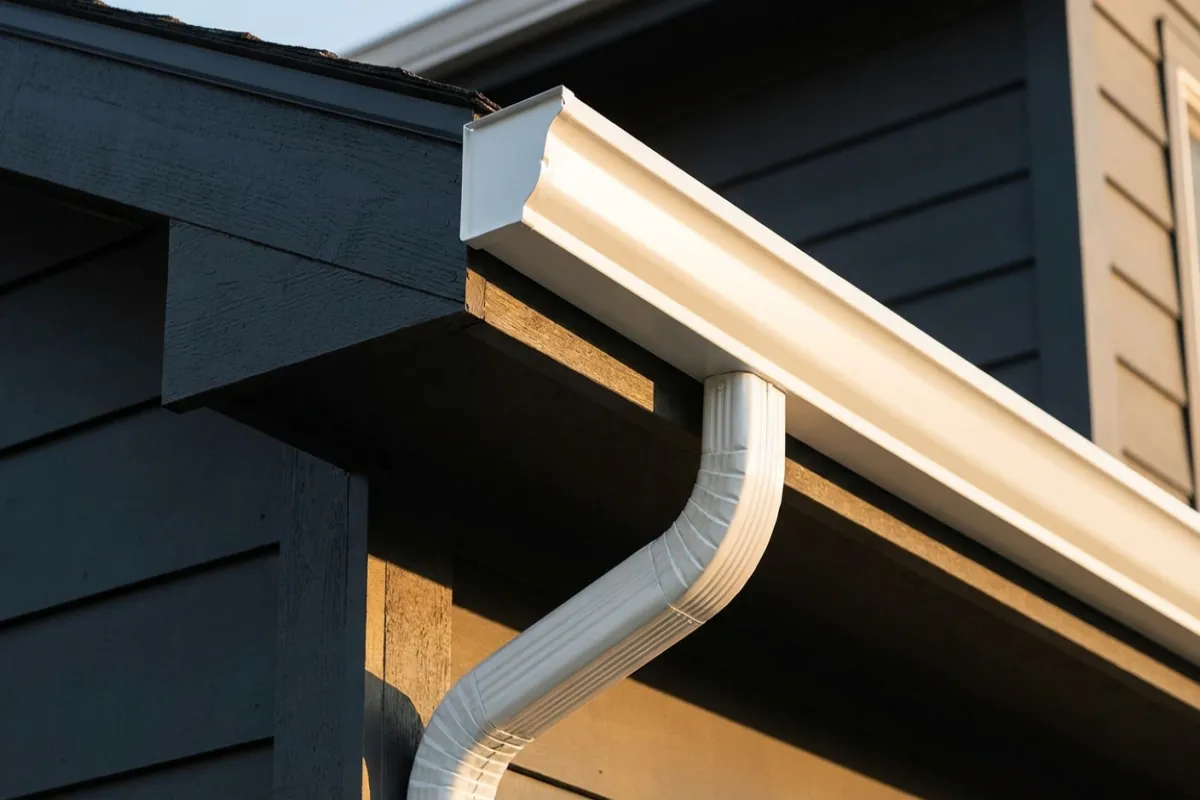 Seamless white aluminum gutter and downspout installation