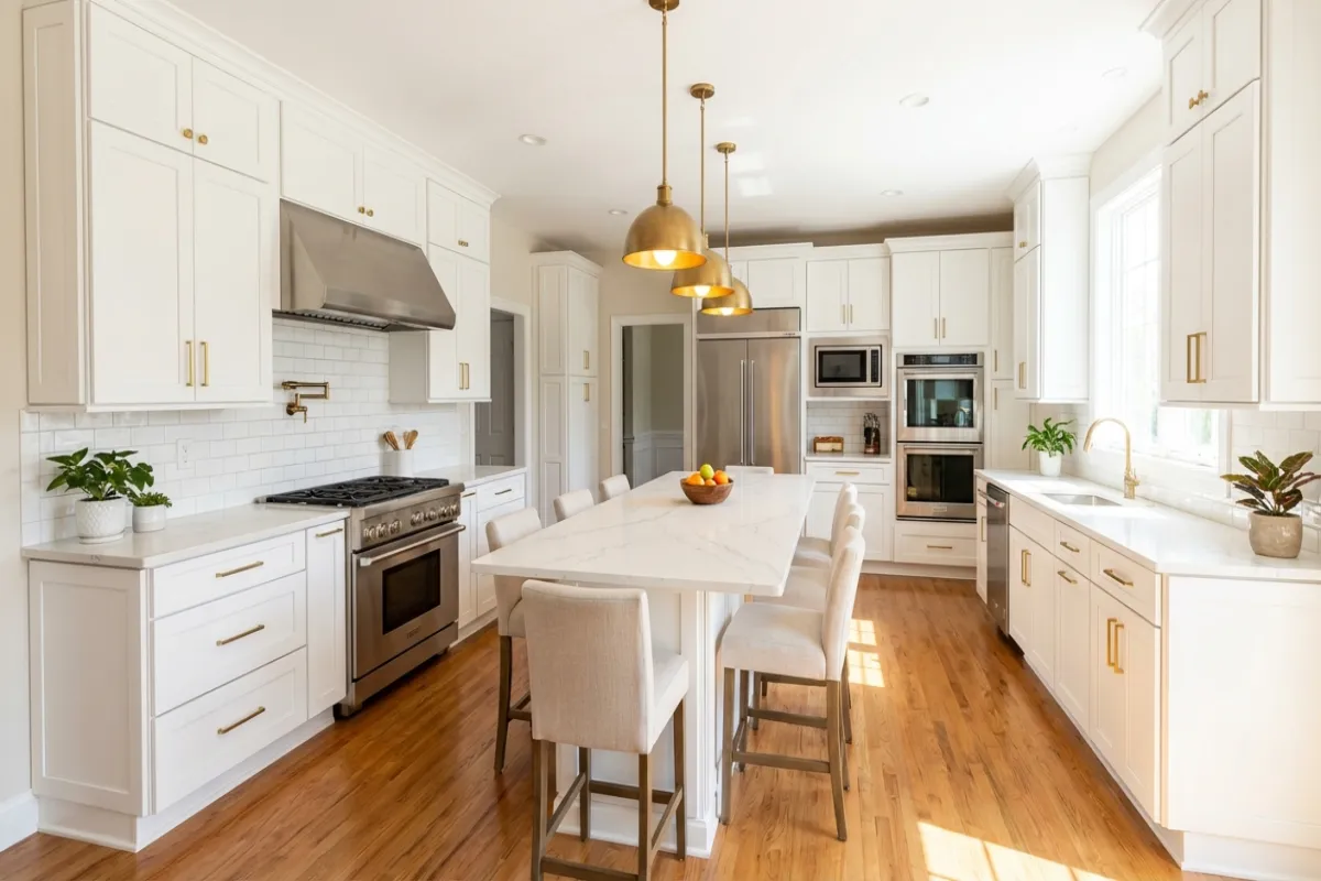 Luxury kitchen remodel with white cabinets and quartz island