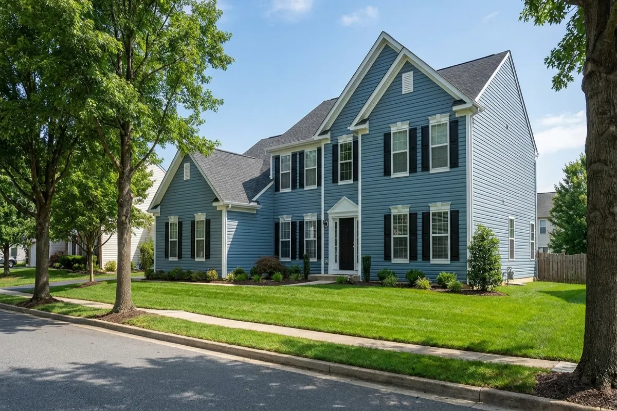 Vinyl siding installation in coastal blue on Maryland suburban home