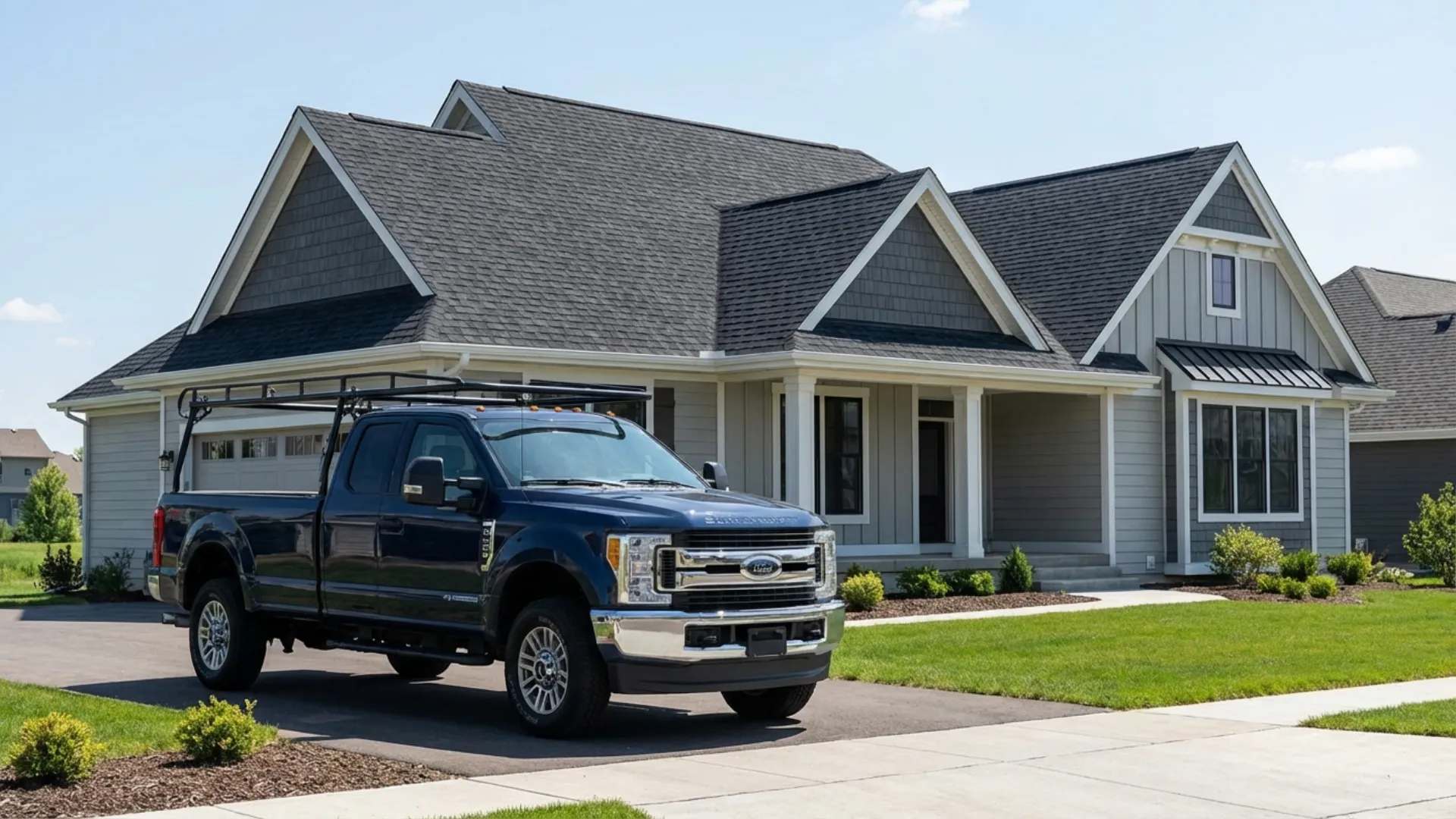 Crown Remodeling contractor truck at completed residential project