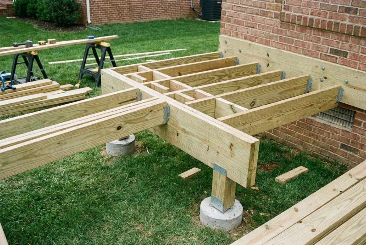 Deck framing with pressure-treated joists on concrete pier footings