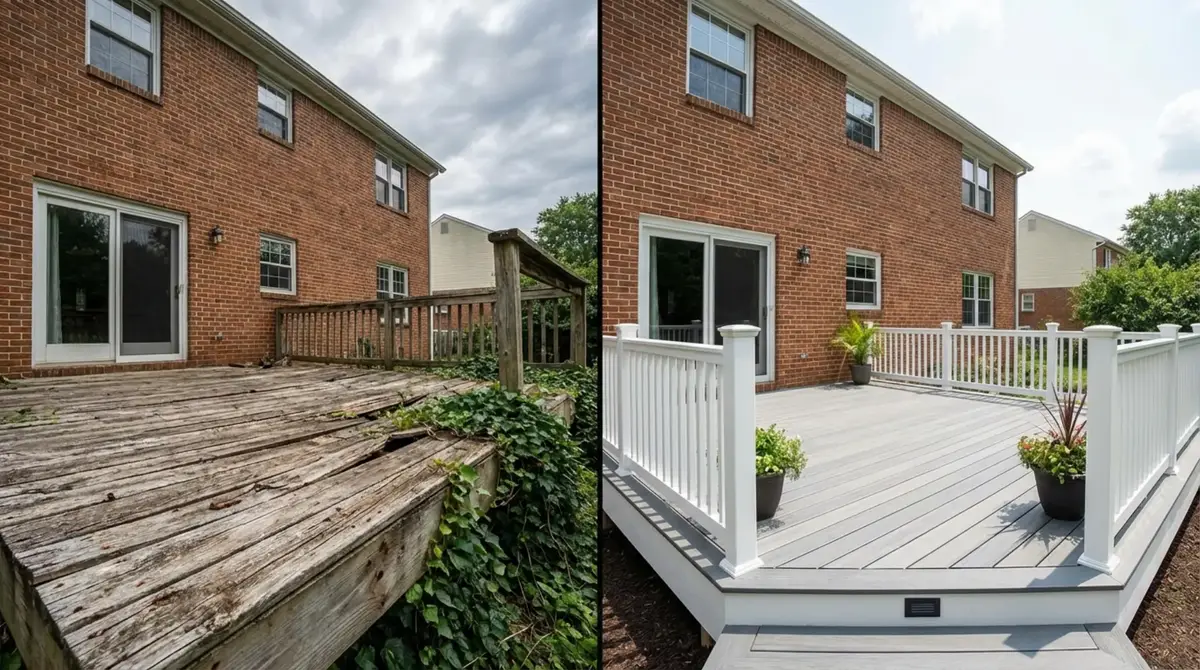 Before and after deck replacement from rotted wood to composite in Maryland