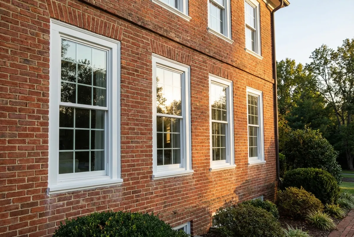 Double-hung windows on brick colonial home exterior in Maryland