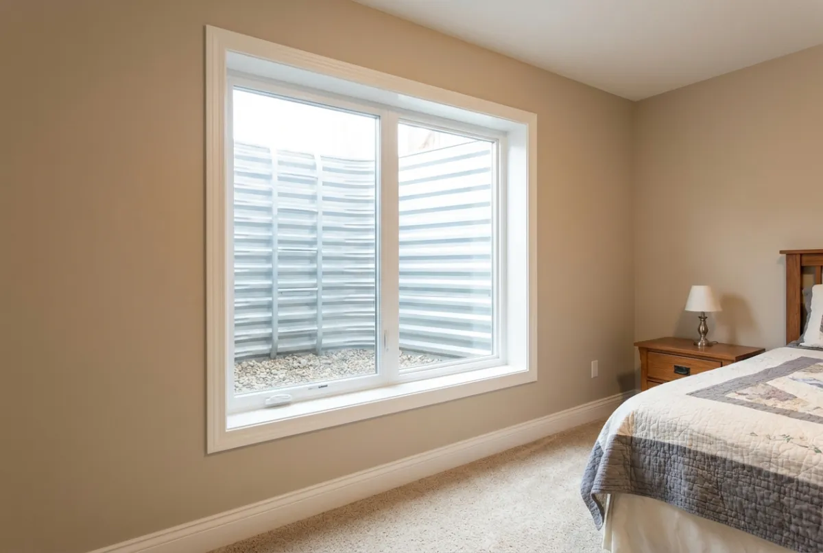 Egress window in basement bedroom providing natural light