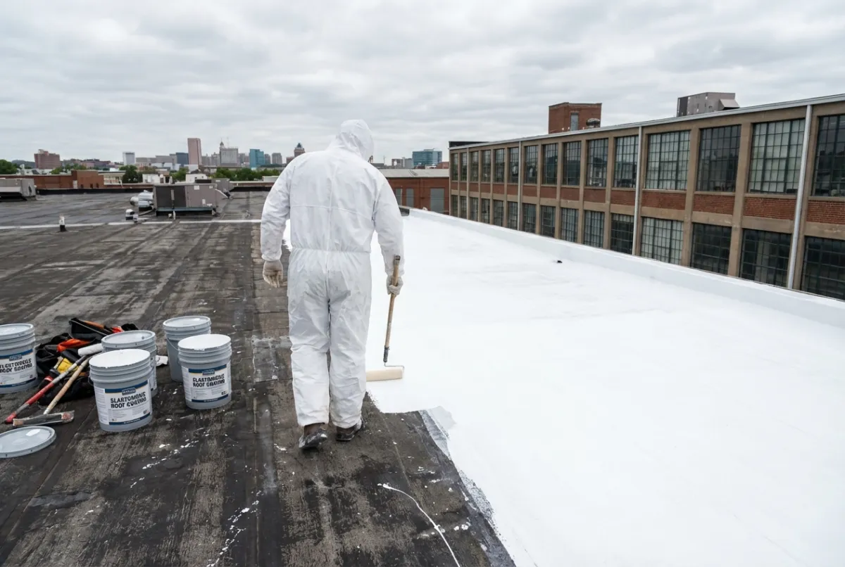 Elastomeric roof coating being applied with roller on commercial flat roof