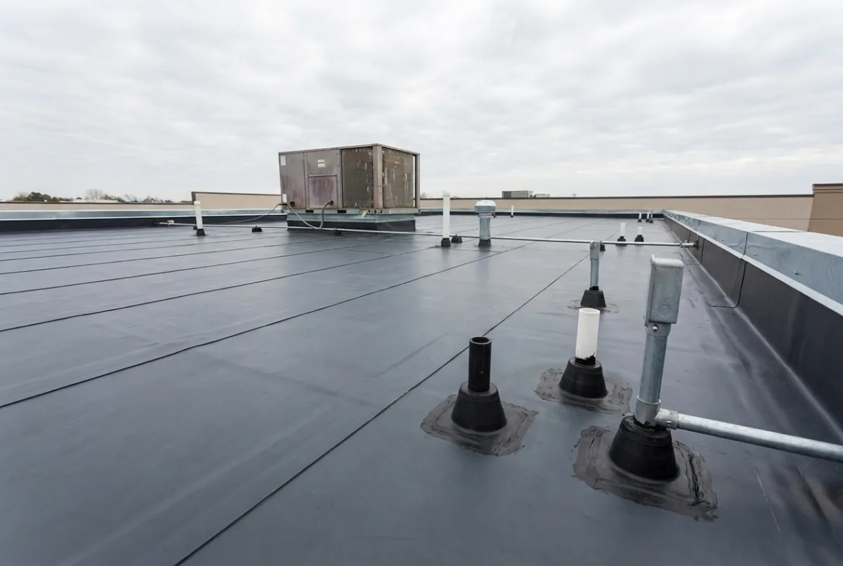 EPDM rubber membrane with sealed pipe boots on commercial roof