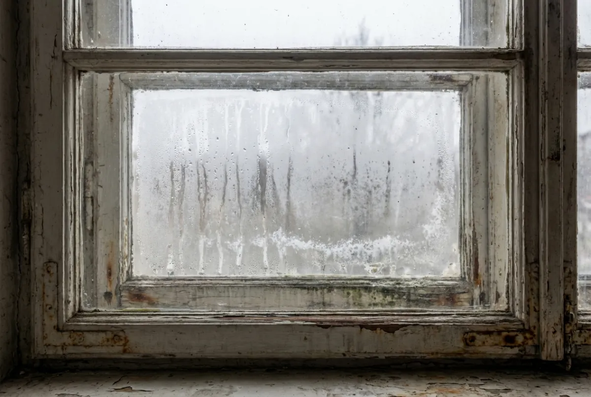 Failed window seal with condensation and foggy glass between panes