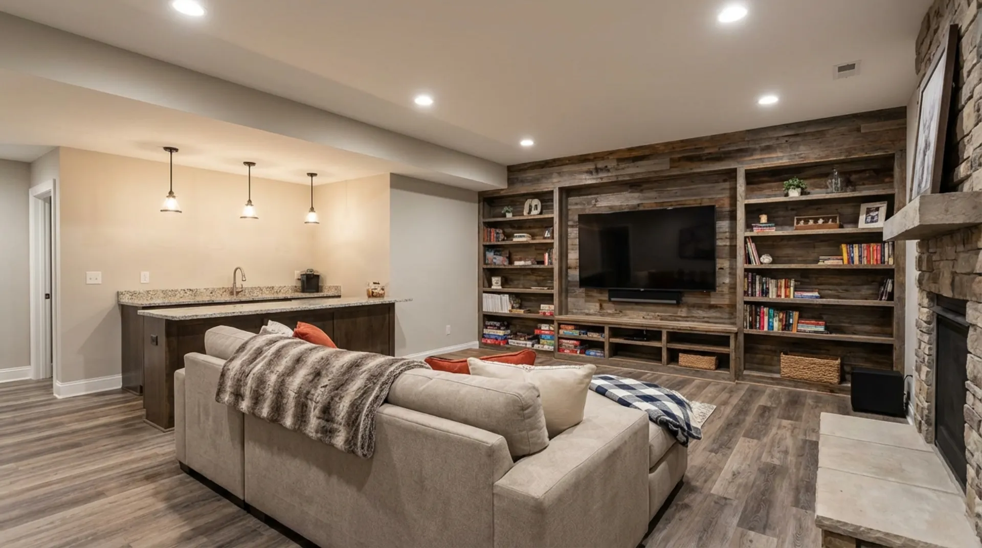 Finished basement entertainment room with wet bar in Maryland home