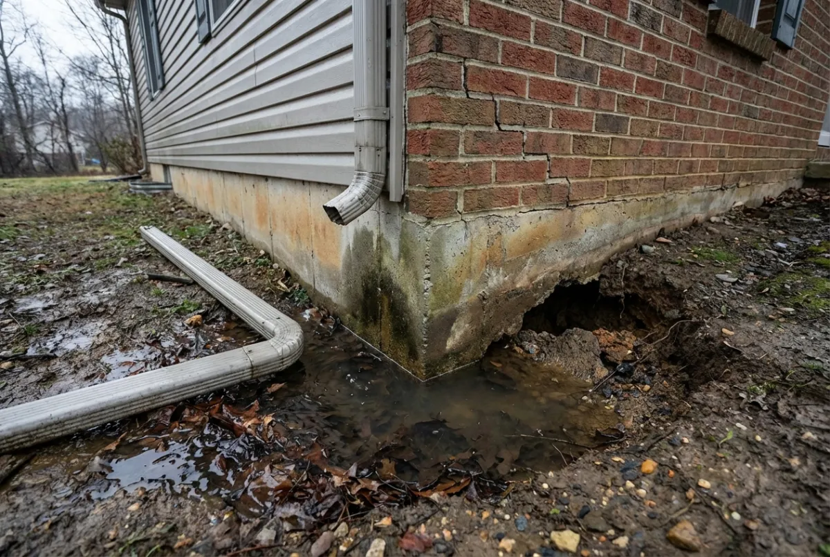 Foundation erosion and water damage caused by failed gutters