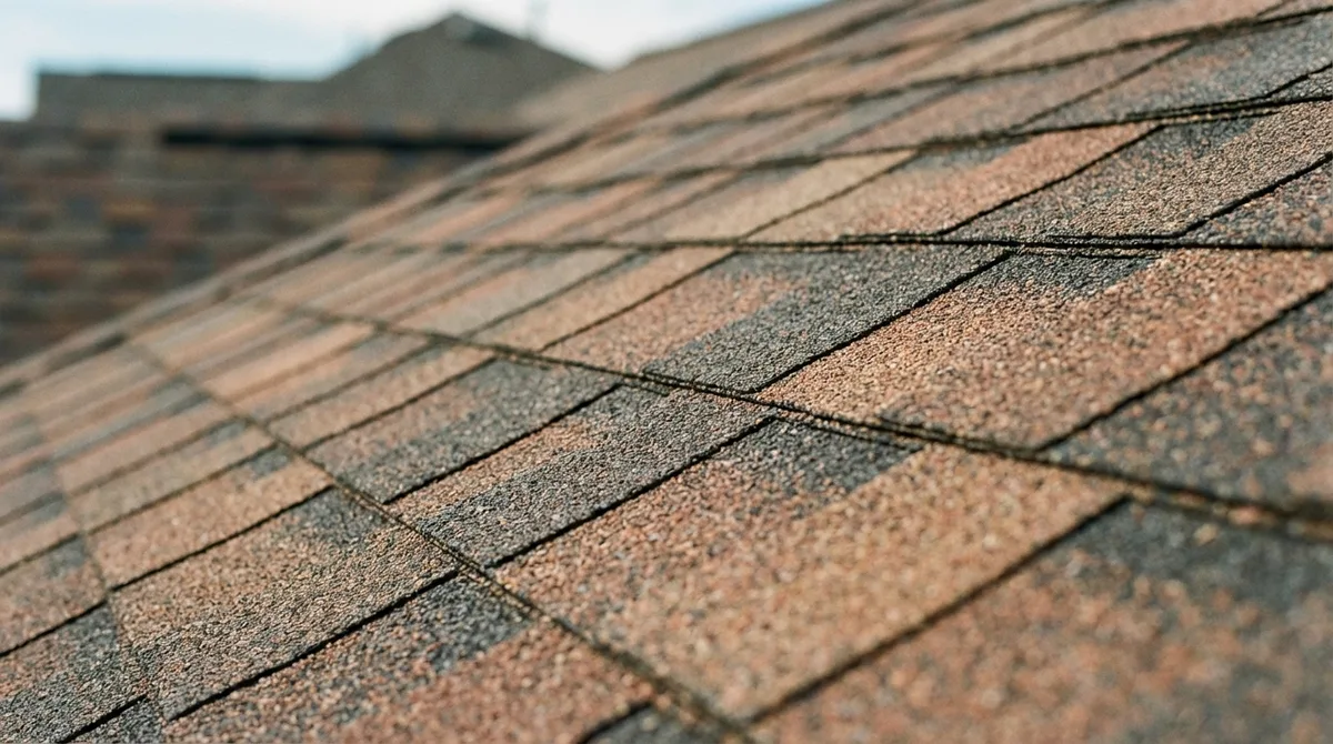 Close-up of architectural asphalt shingle texture and granule detail