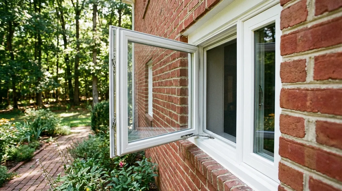 Casement window cranked open on Maryland brick home showing hinge hardware