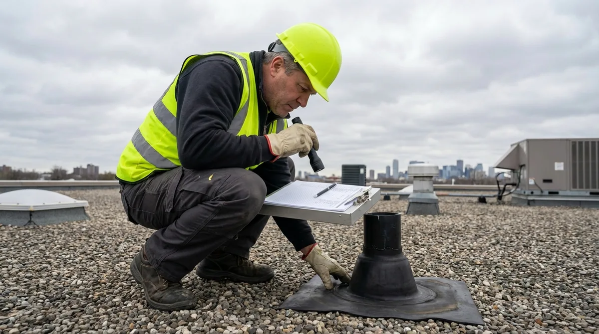 Commercial roof maintenance inspection of pipe boot penetration