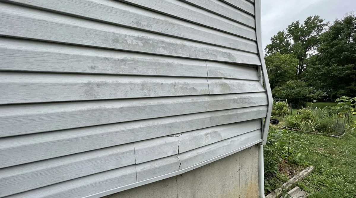 Damaged faded vinyl siding with cracks showing need for replacement