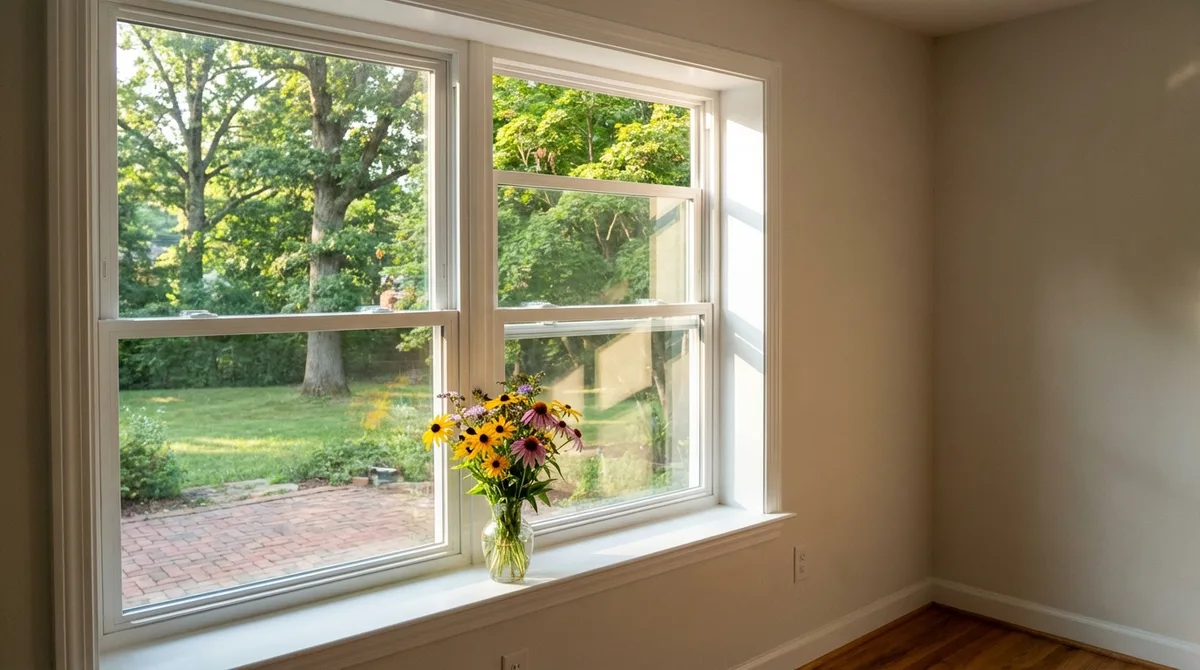 New double-hung replacement windows with white vinyl frames in Maryland home
