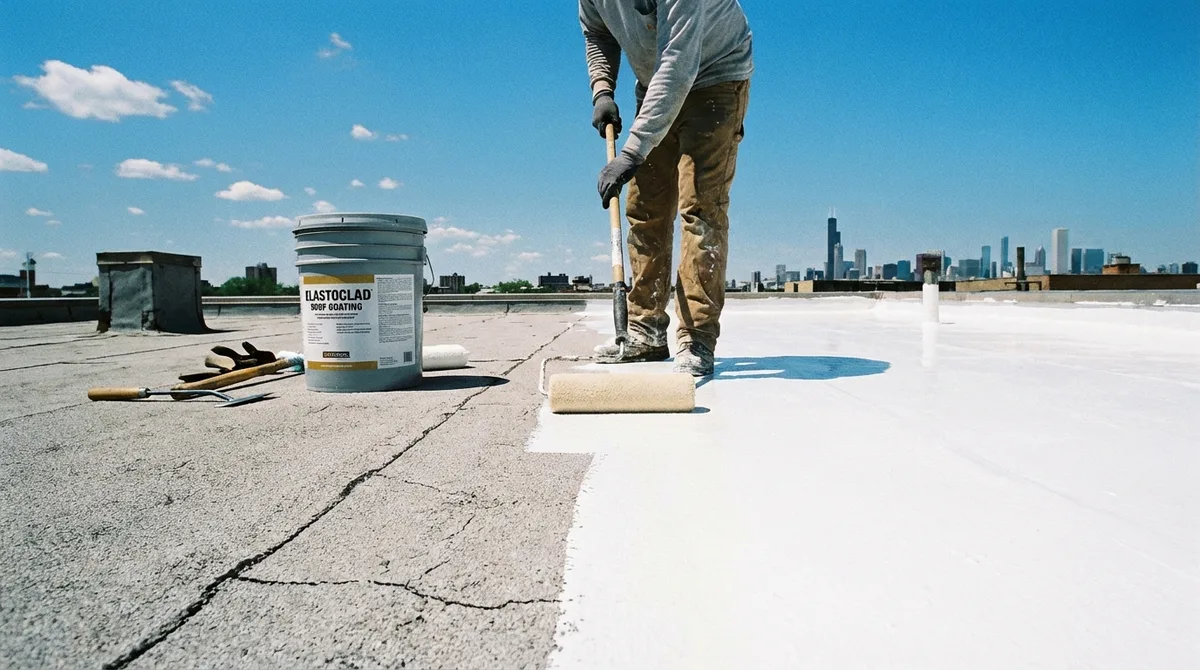 Elastomeric roof coating being applied with roller on commercial flat roof
