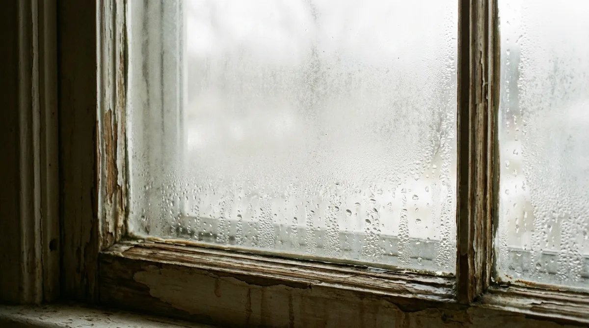 Failed window seal with condensation and fogging between glass panes