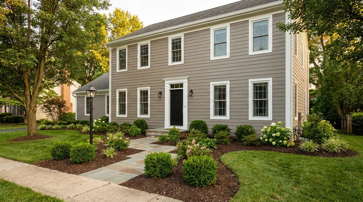 Fiber cement siding in gray on Maryland colonial home with white trim