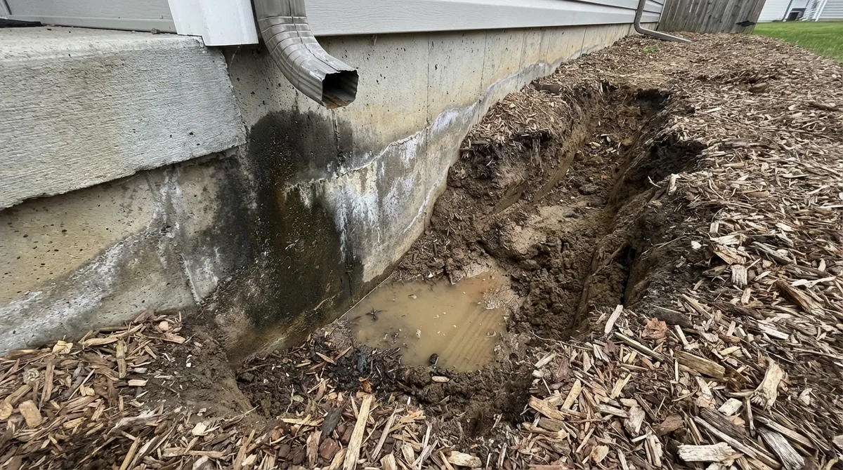 Foundation erosion and water damage from failed gutter downspout