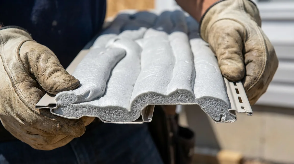 Insulated vinyl siding showing contoured foam backing for energy efficiency