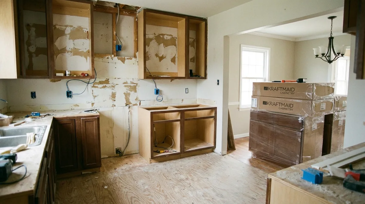 Kitchen remodel in progress showing demolition and new cabinet delivery