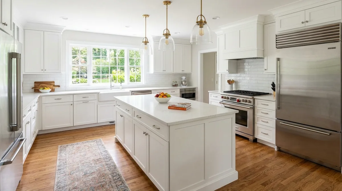 Kitchen remodel with white shaker cabinets and quartz island in Maryland home