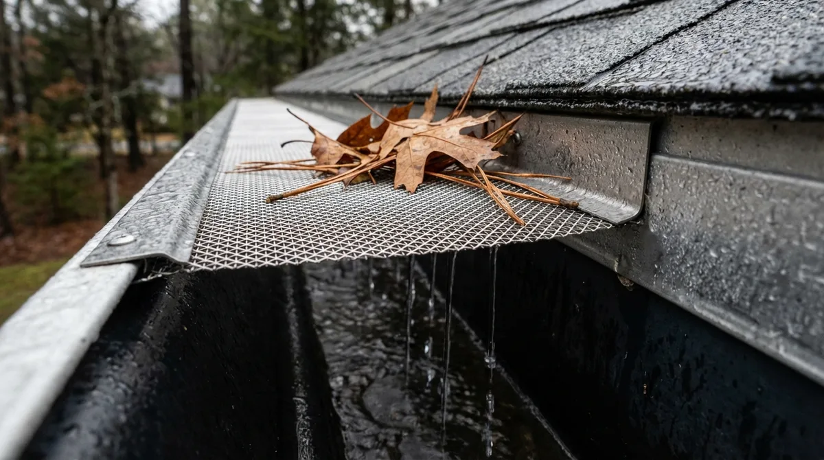 Micro-mesh gutter guard deflecting leaves while water flows through in rain