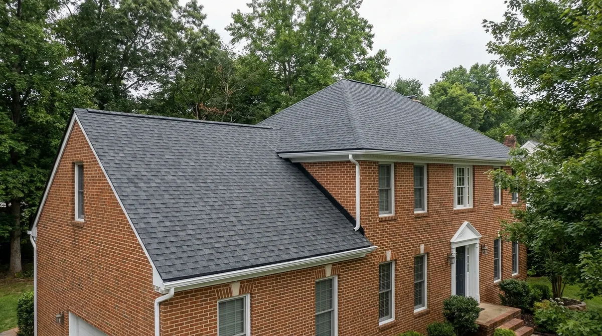Completed charcoal shingle roof replacement on Maryland brick colonial home