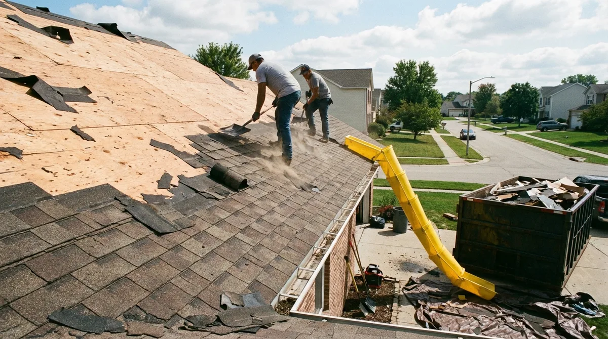 Roof tear-off in progress showing exposed decking and debris chute to dumpster