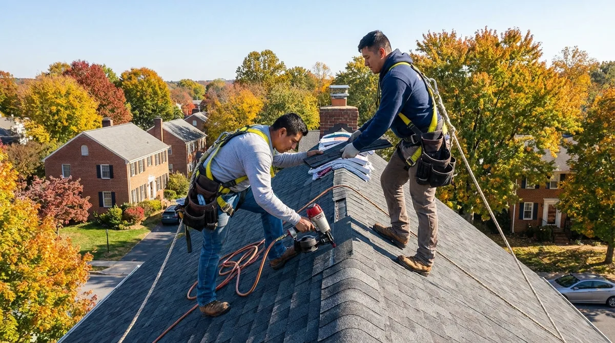 Crown Remodeling roofers installing shingles with safety harnesses in Maryland