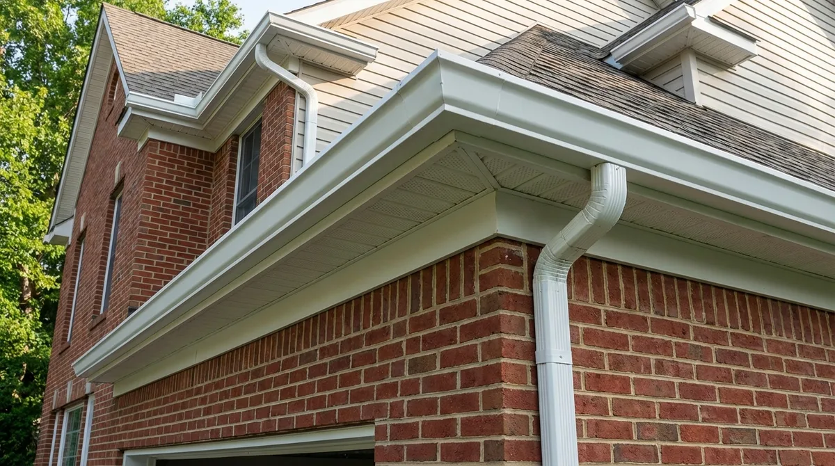 New seamless aluminum K-style gutters and downspout on Maryland brick home
