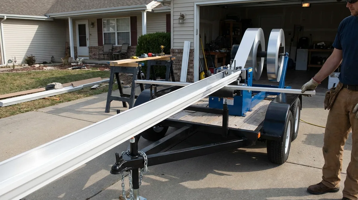 Seamless gutter forming machine on trailer fabricating aluminum gutter on-site