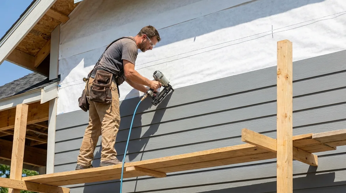 Siding contractor installing fiber cement planks with pneumatic nailer