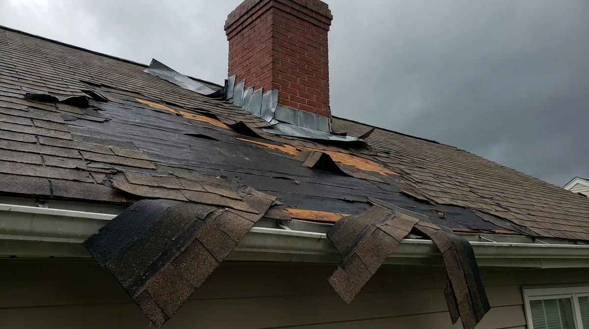 Storm-damaged roof with missing shingles and lifted chimney flashing