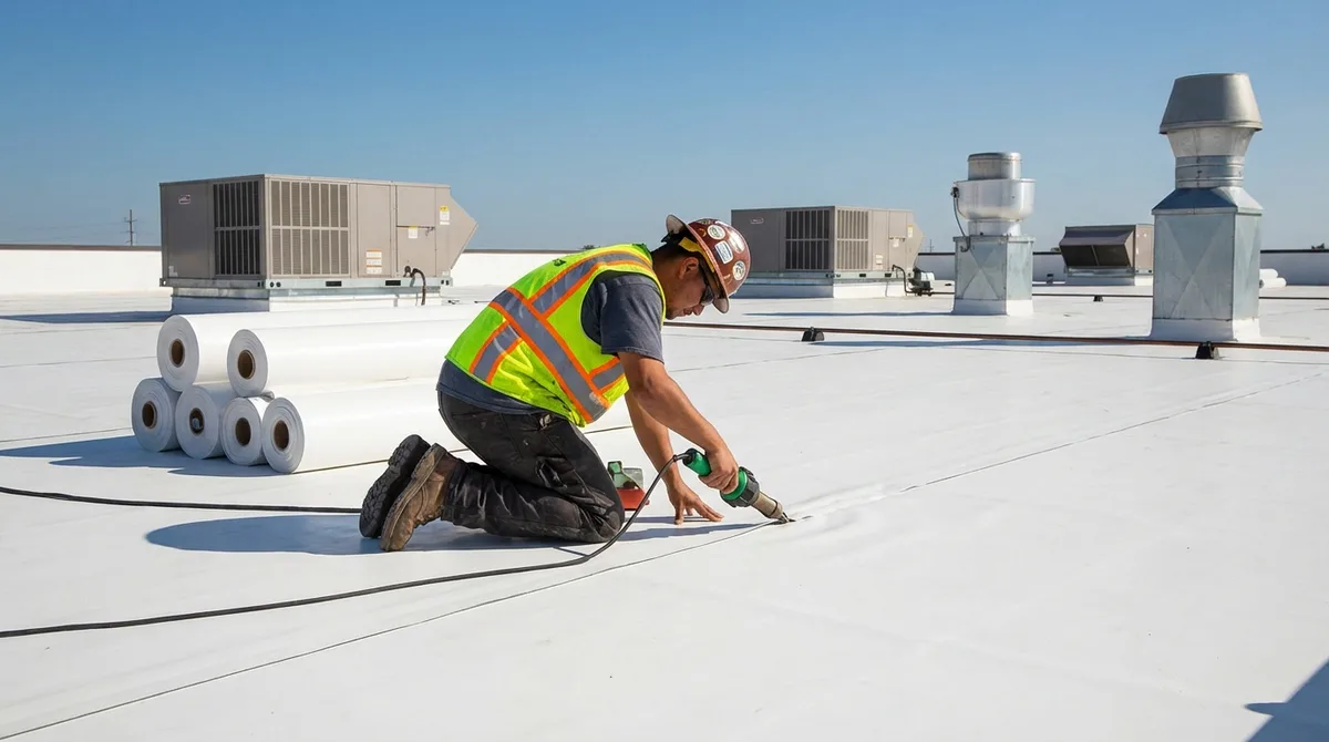 TPO membrane installation with hot air seam welding on commercial roof