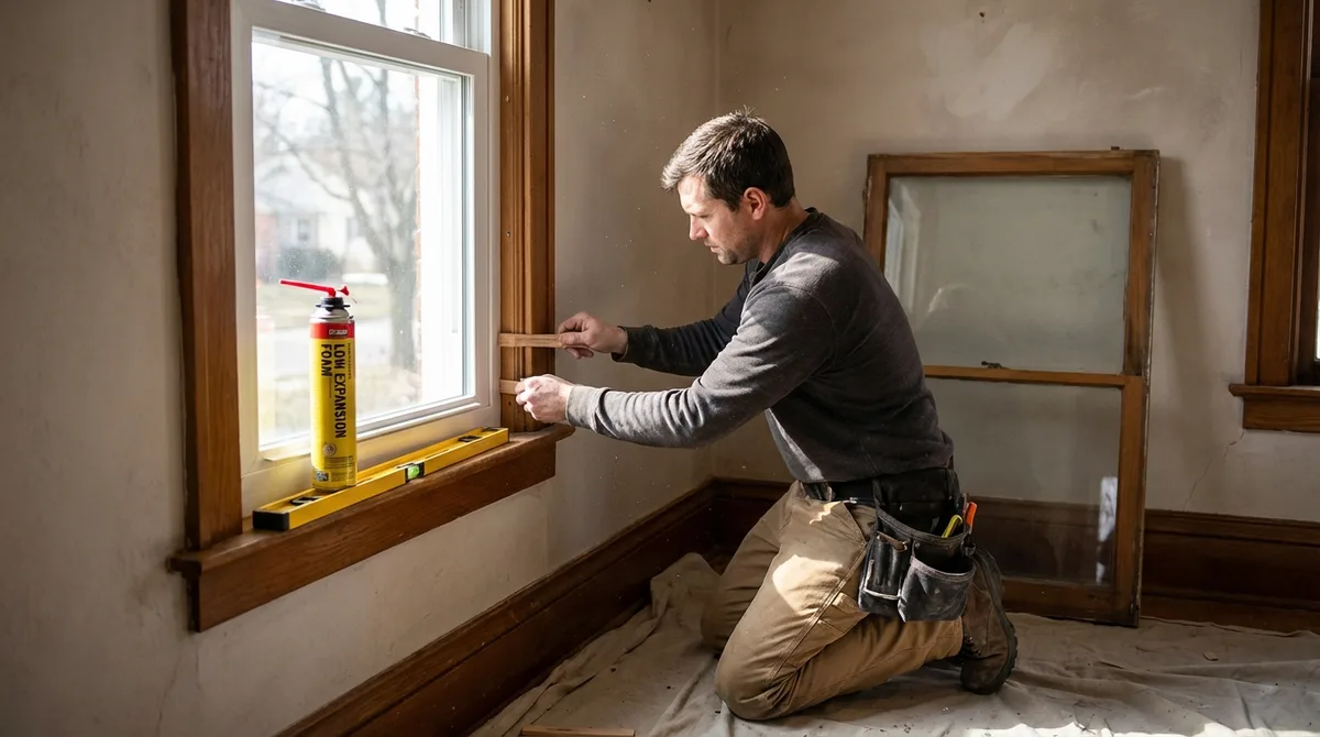 Window installer shimming replacement window with level and low-expansion foam