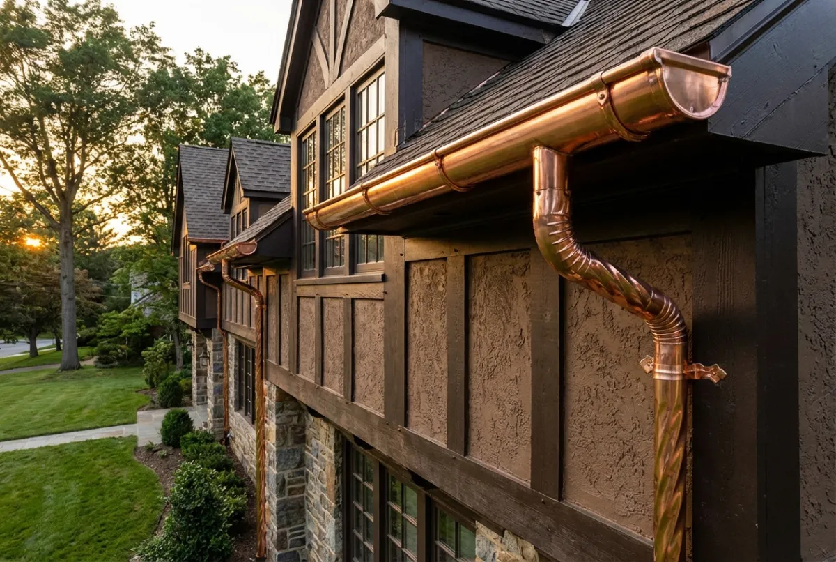 Half-round copper gutters on Tudor style home in Maryland