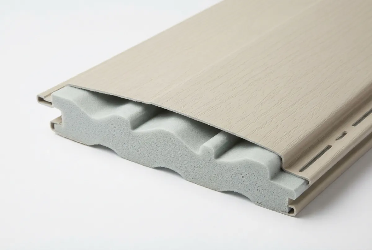 Cross-section of insulated vinyl siding showing contoured foam backing for energy efficiency