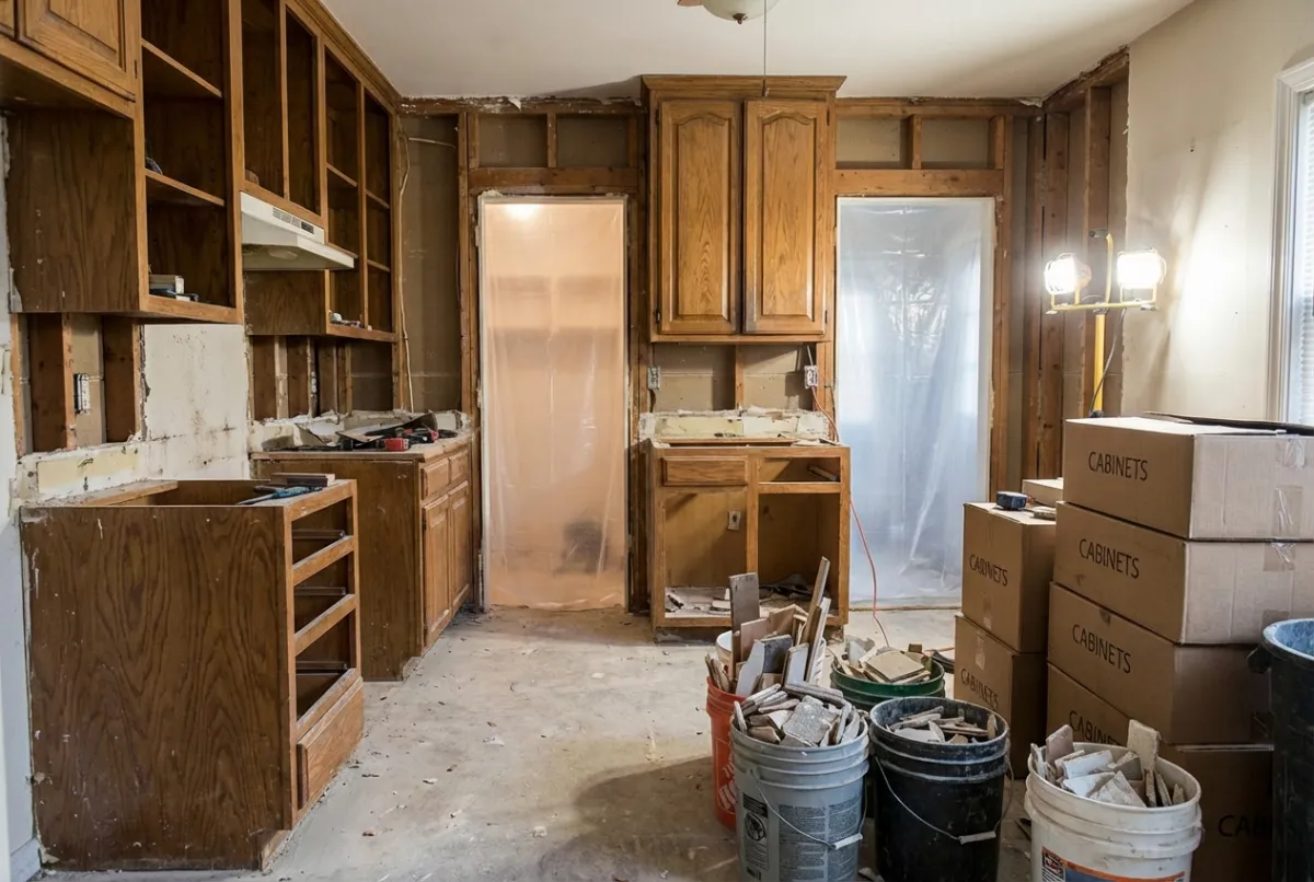 Kitchen demolition in progress with cabinet removal